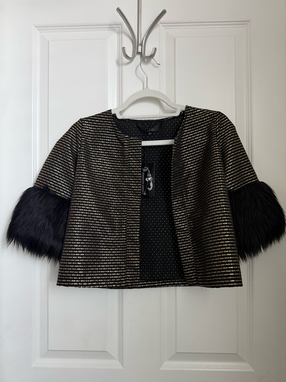 Jennafer Grace Claudette Black Gold Cropped Jacket with Faux Fur Cuffs XS
